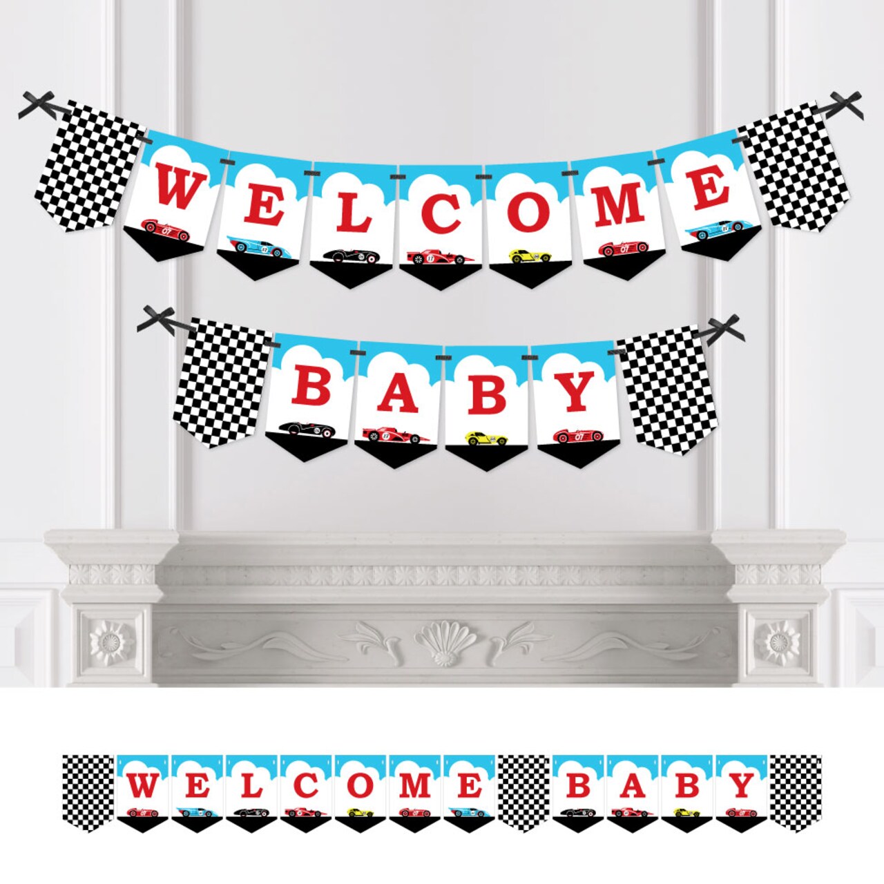 Big Dot of Happiness Let's Go Racing - Racecar - Baby Shower Bunting Banner - Race Car Party Decorations - Welcome Baby